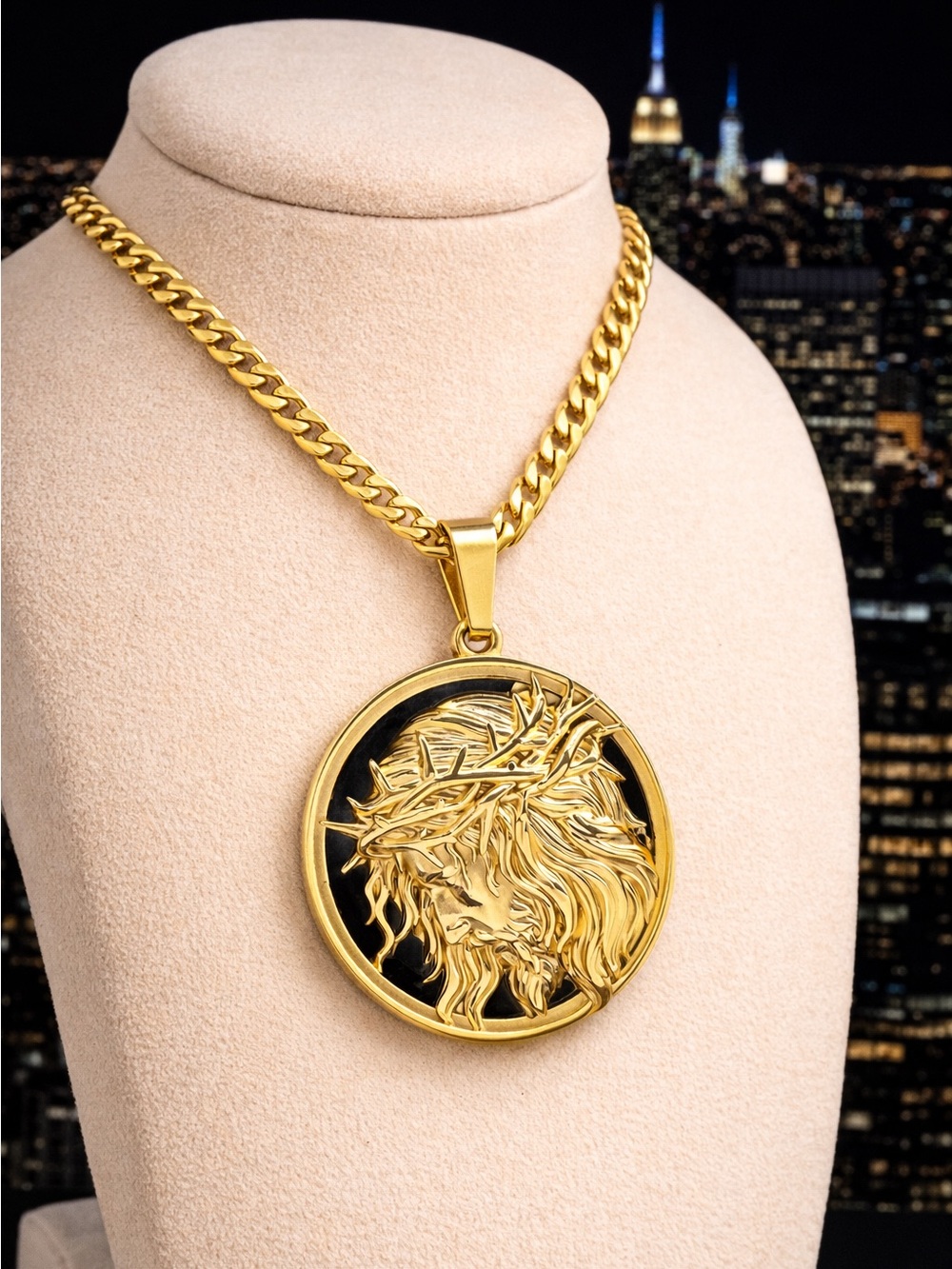 Gold Jesus Head Medallion Necklace - Bold Cuban Chain